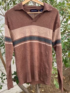 Vintage 1990s Himalaya Brown Striped Knit Polo Sweater Large